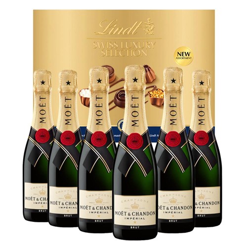 Half Bottle Of Moet and Chandon Brut Champagne 37.5cl Case of 6 with Lindt Swiss Tradition Chocolates 193g